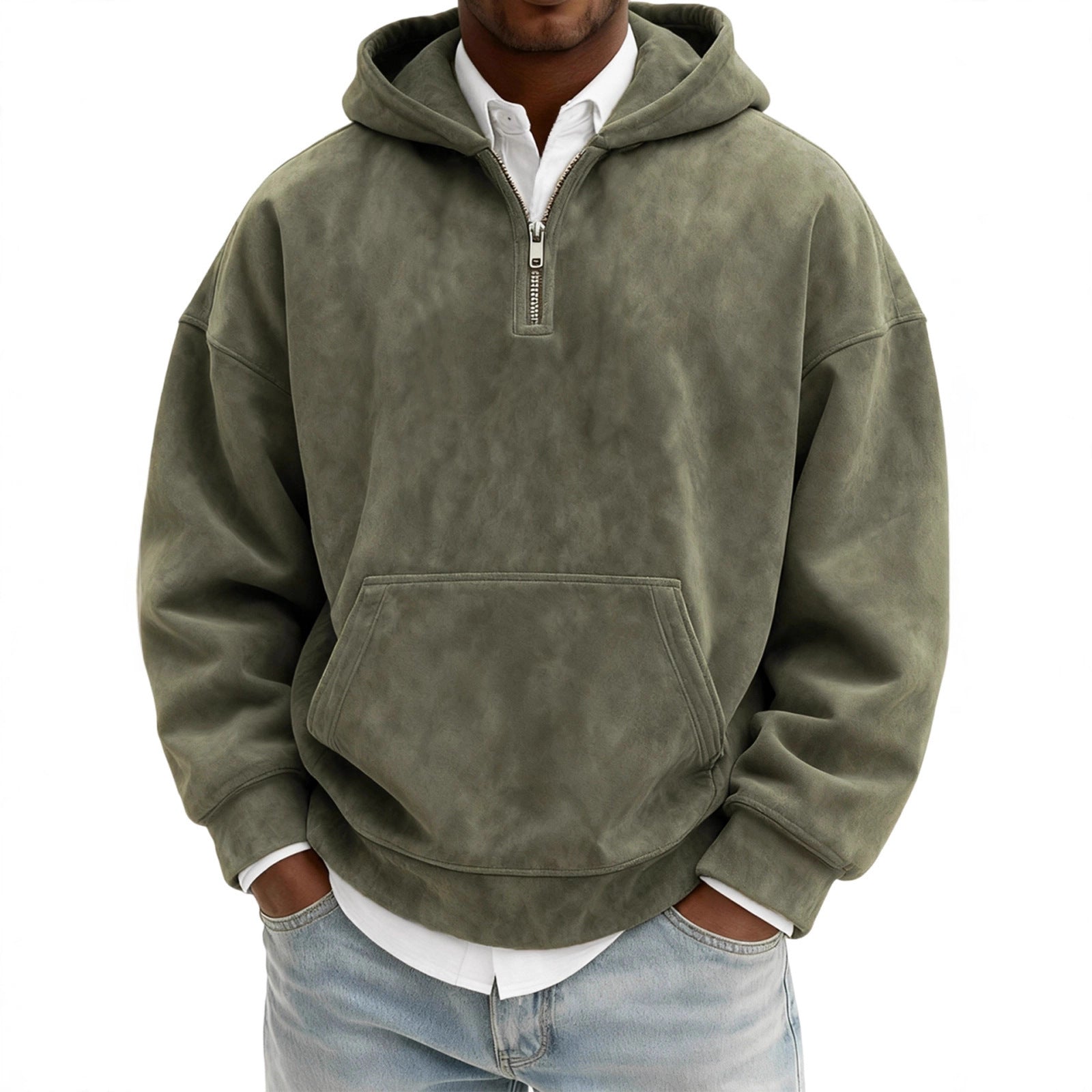 Men’s Half-Zip Fleece Hoodie – Casual Solid Color Pullover