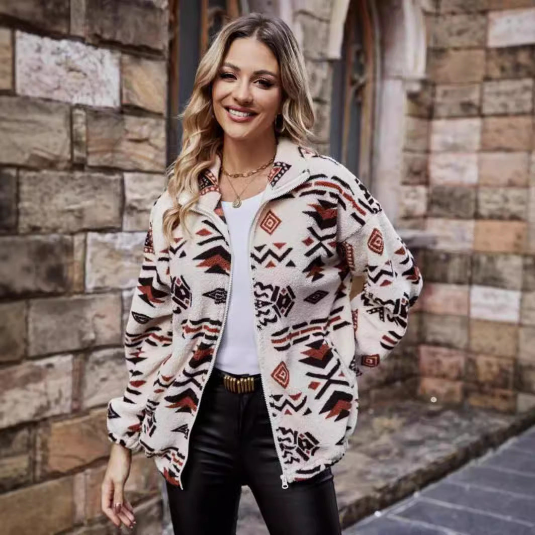 Bohemian Plush Zip Jacket with Pockets – Double-Sided Warm Cardigan