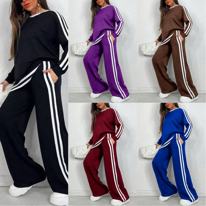 Casual Striped Trousers Long Sleeve Round Neck Suit
