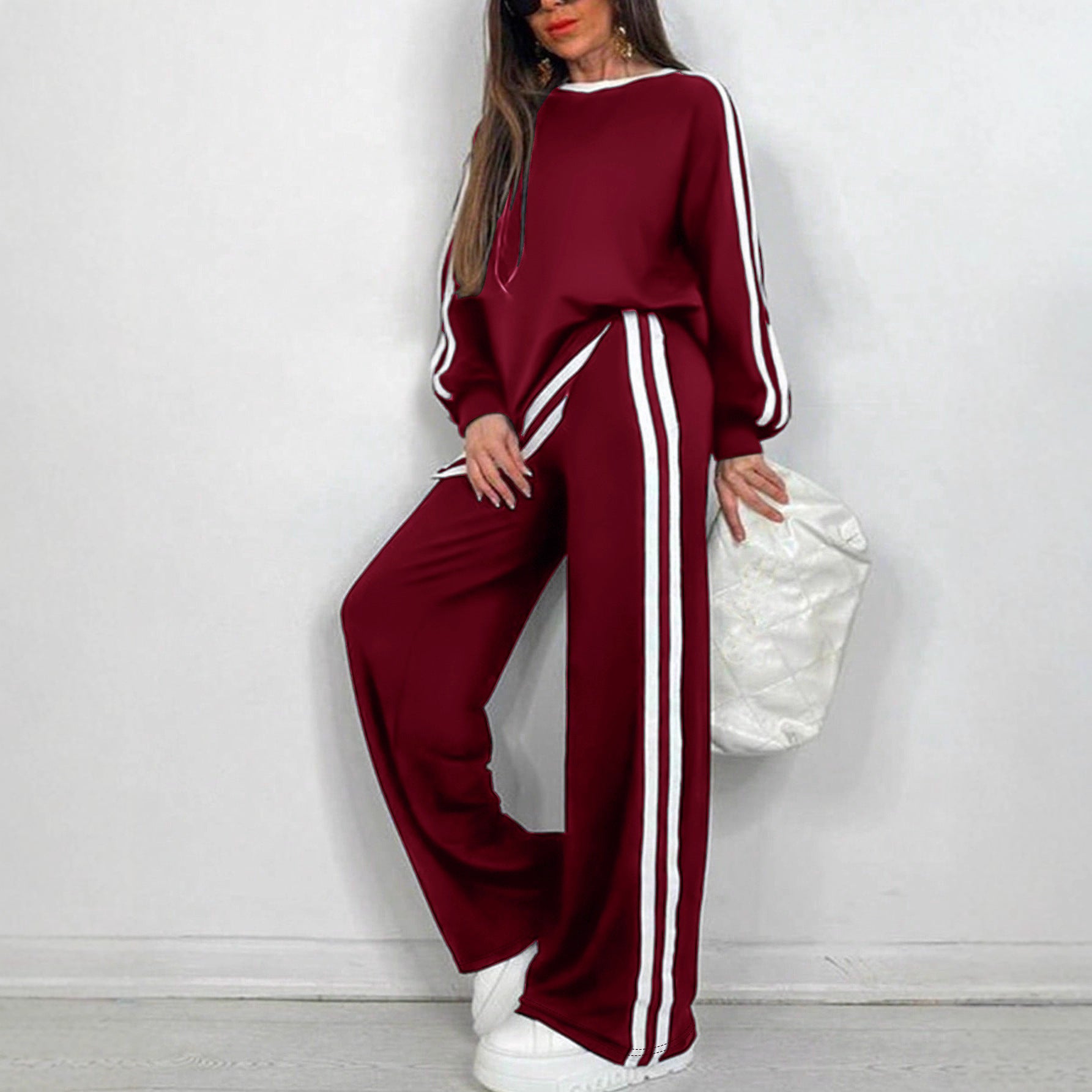 Casual Striped Trousers Long Sleeve Round Neck Suit