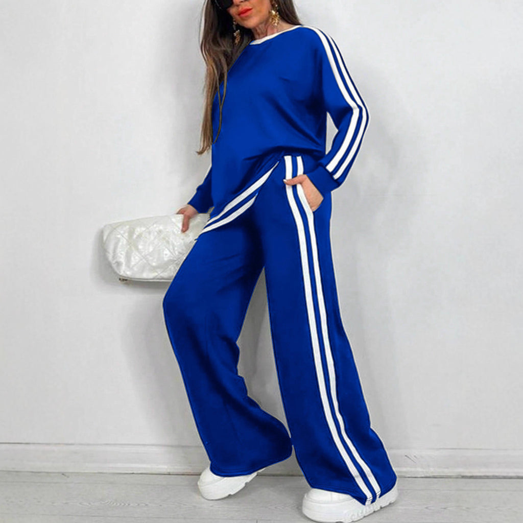 Casual Striped Trousers Long Sleeve Round Neck Suit
