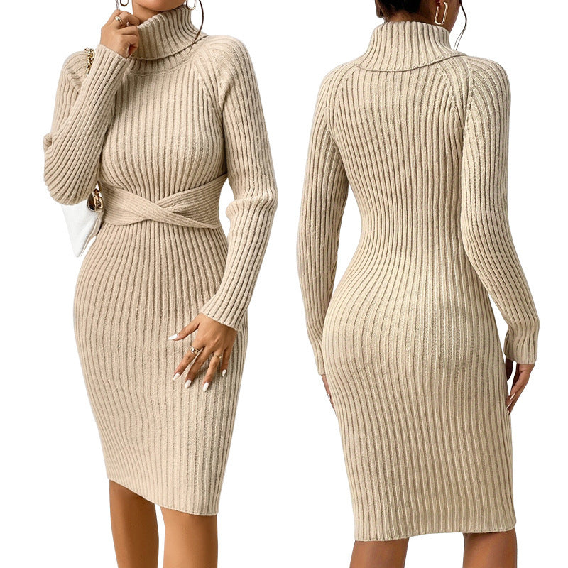 High-Neck Ribbed Knit Sweater Dress – Winter Slim Fit