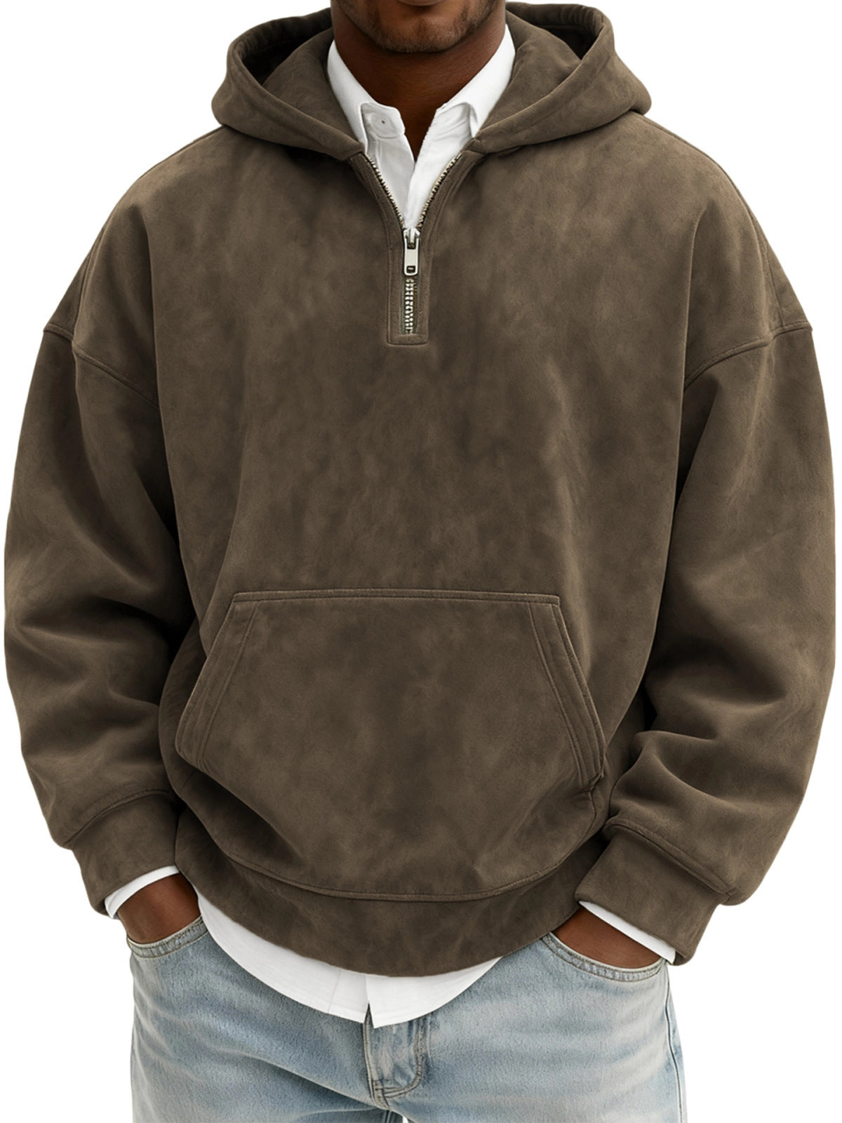 Men’s Half-Zip Fleece Hoodie – Casual Solid Color Pullover