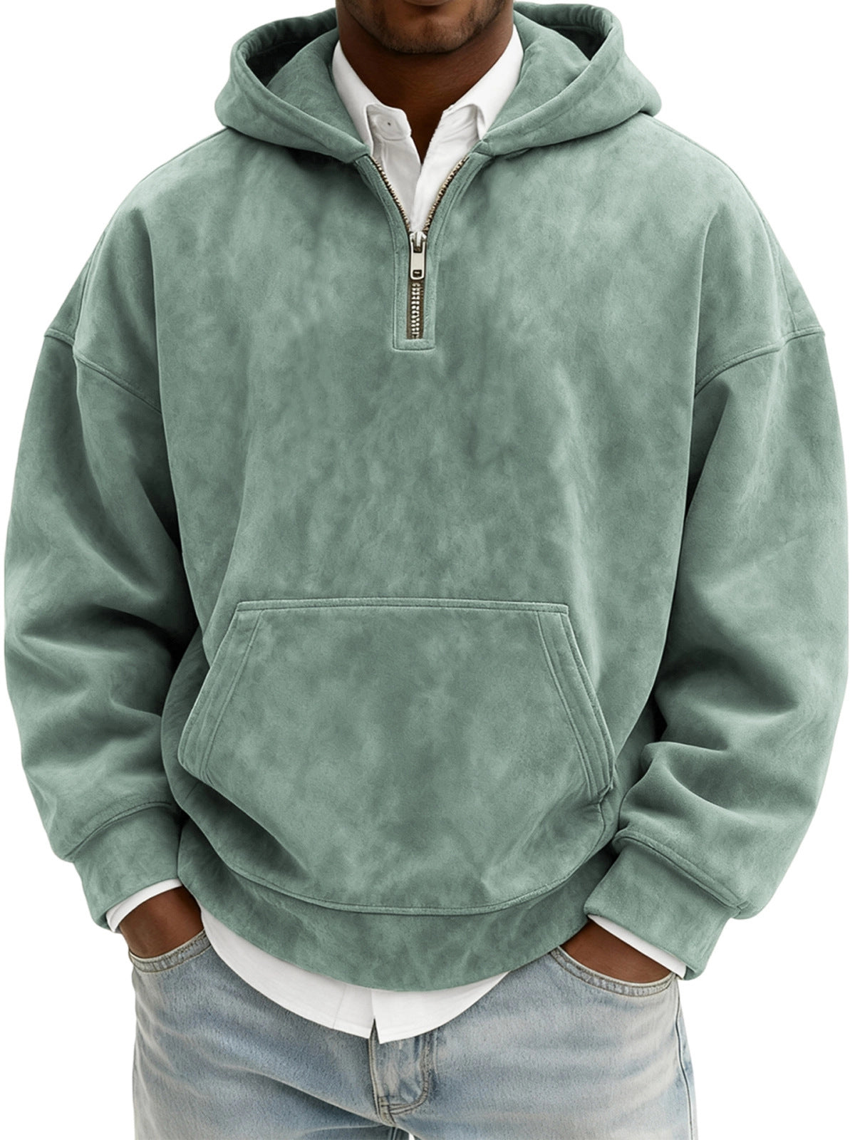 Men’s Half-Zip Fleece Hoodie – Casual Solid Color Pullover