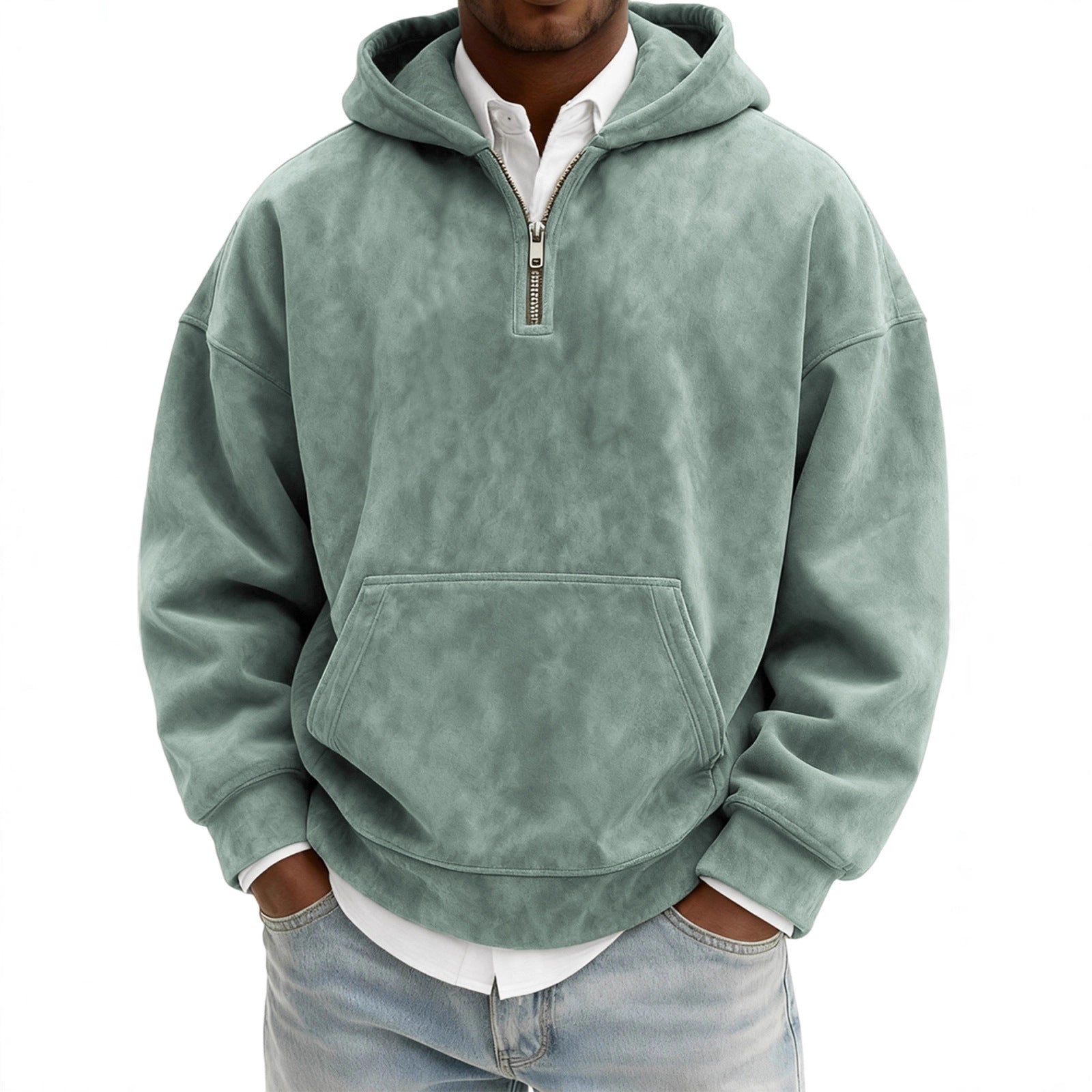 Men’s Half-Zip Fleece Hoodie – Casual Solid Color Pullover