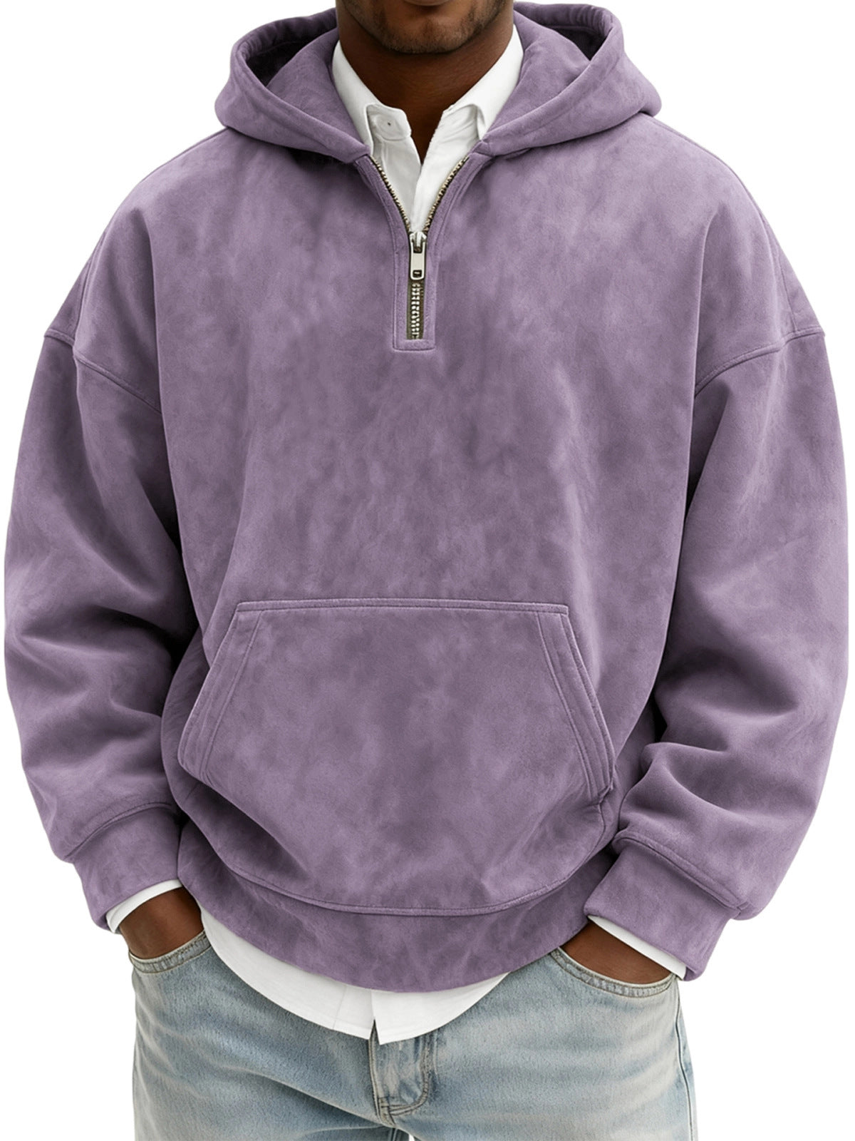 Men’s Half-Zip Fleece Hoodie – Casual Solid Color Pullover
