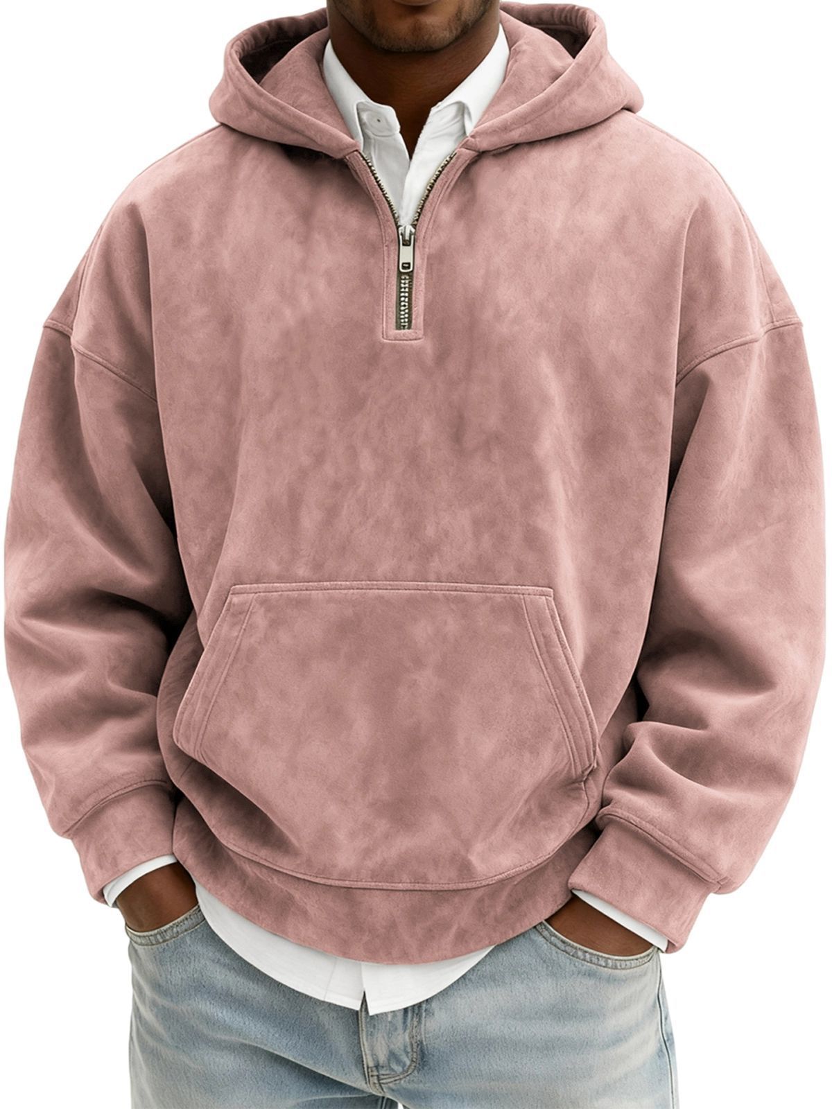Men’s Half-Zip Fleece Hoodie – Casual Solid Color Pullover