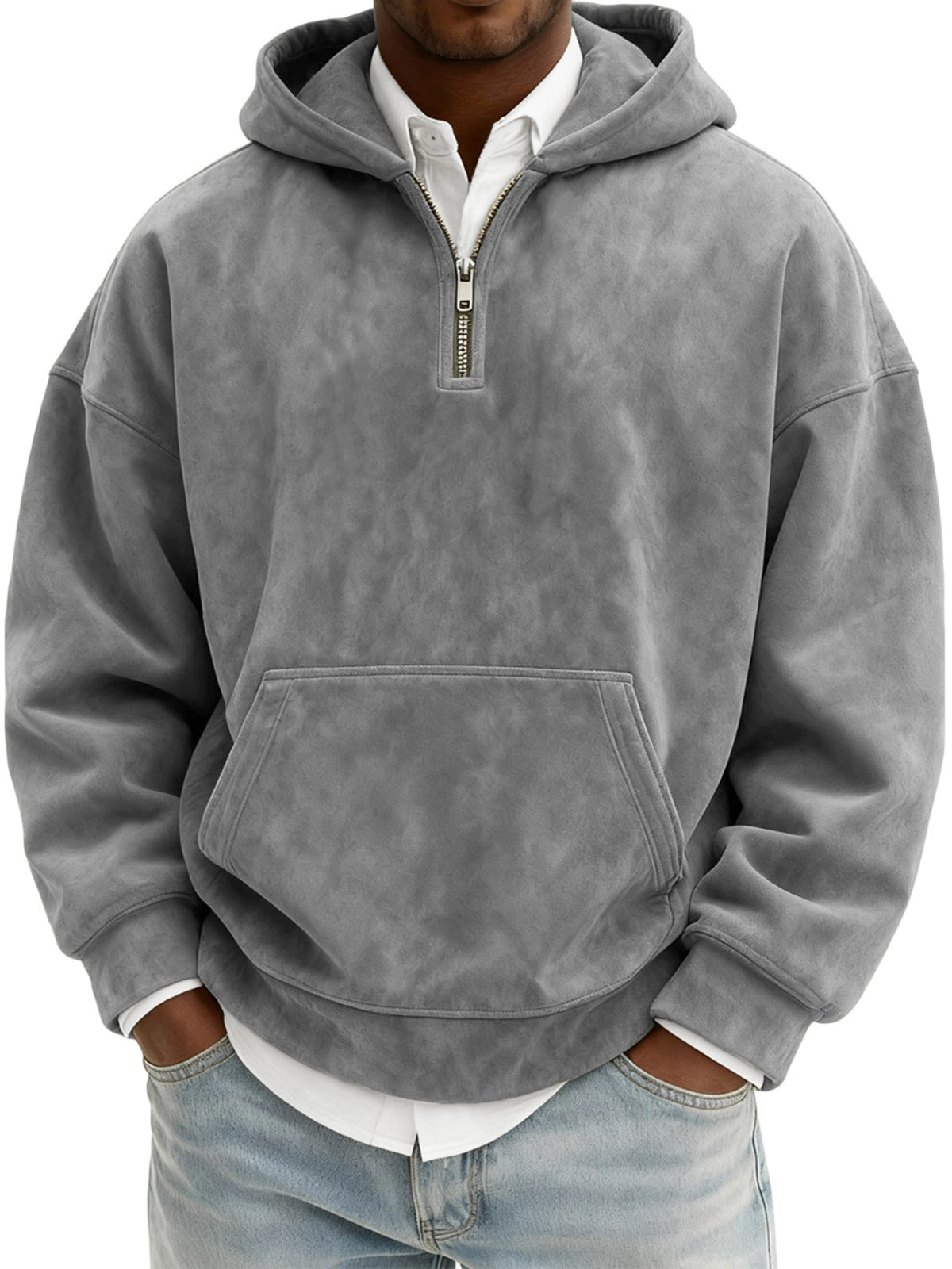 Men’s Half-Zip Fleece Hoodie – Casual Solid Color Pullover