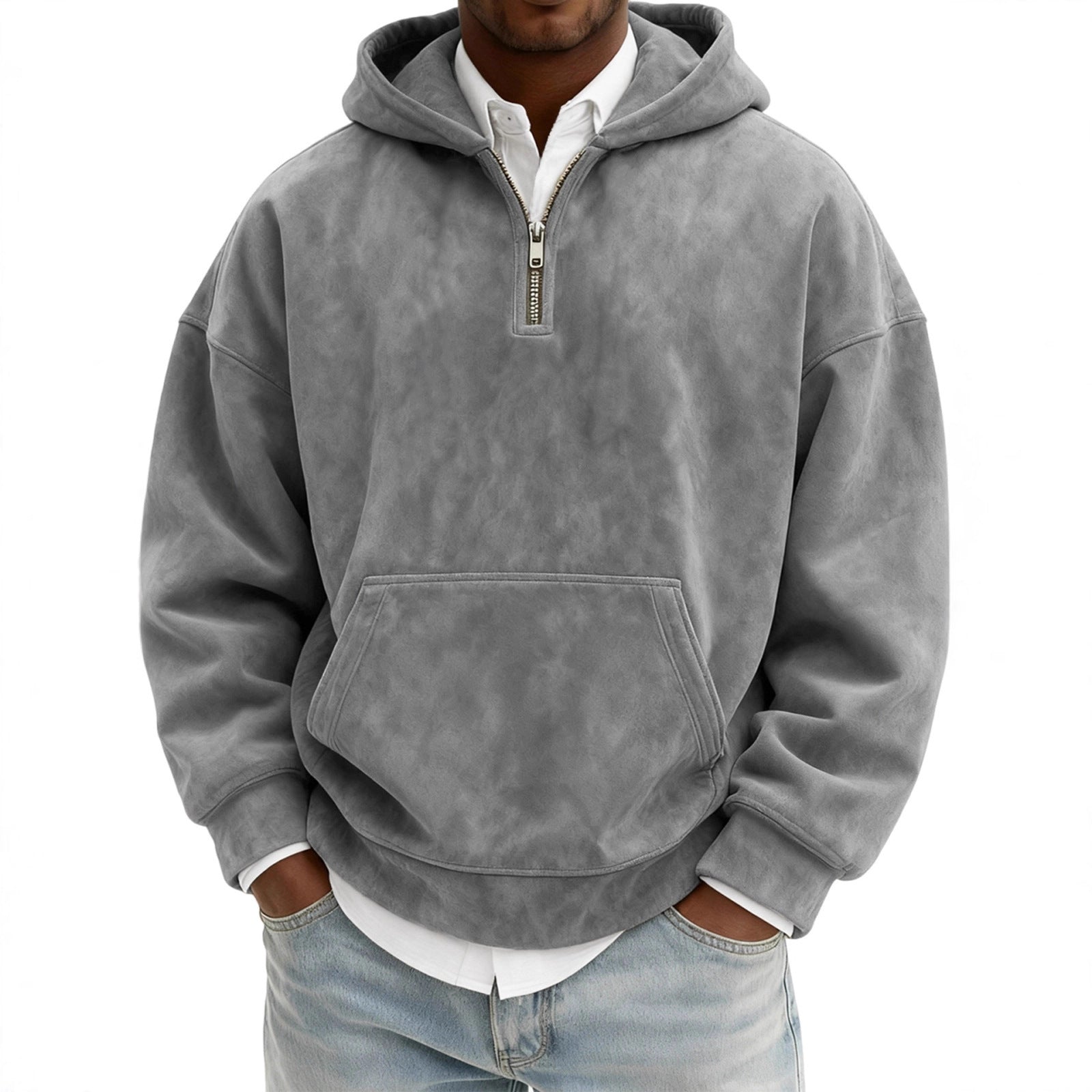 Men’s Half-Zip Fleece Hoodie – Casual Solid Color Pullover