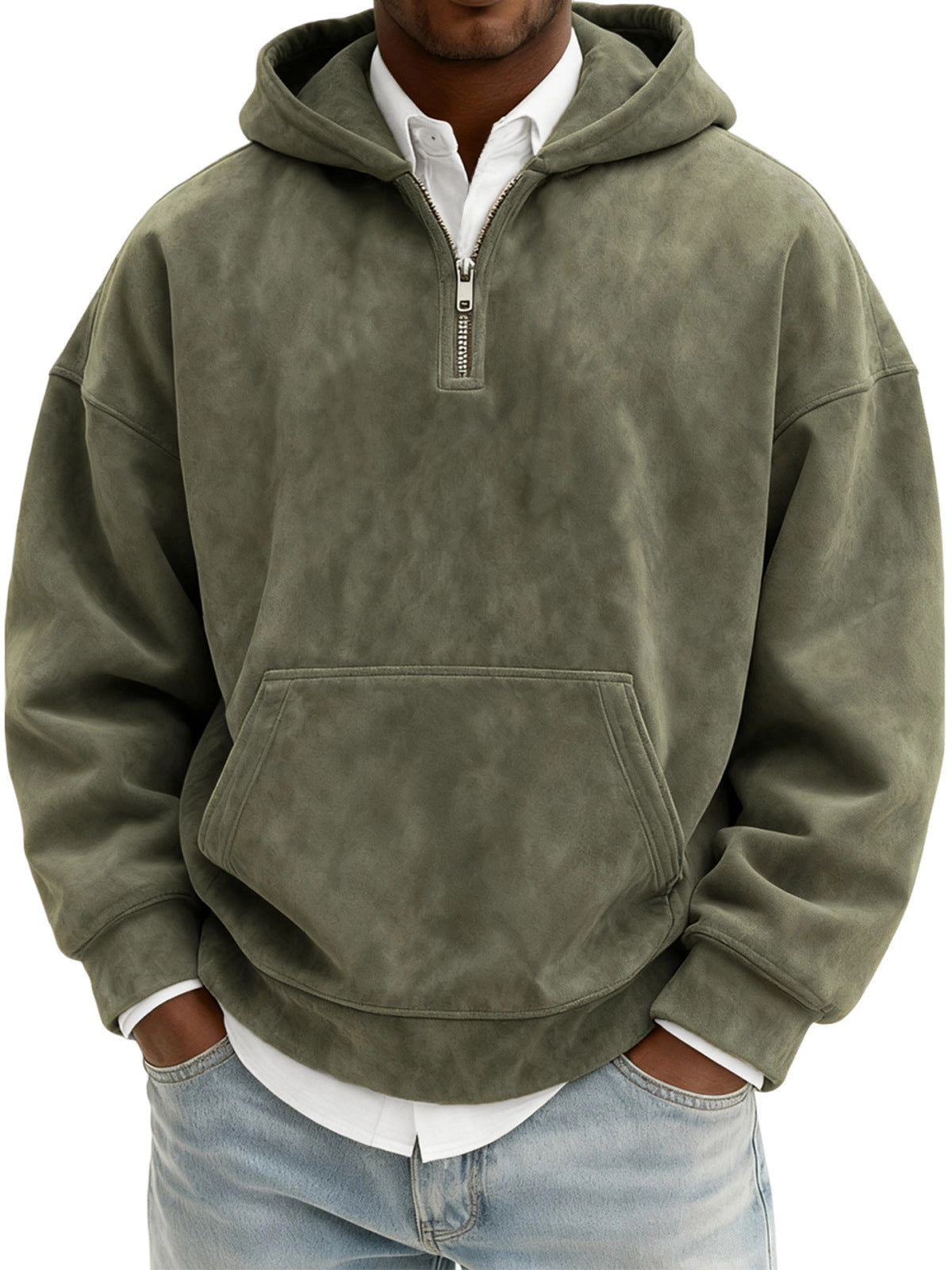 Men’s Half-Zip Fleece Hoodie – Casual Solid Color Pullover