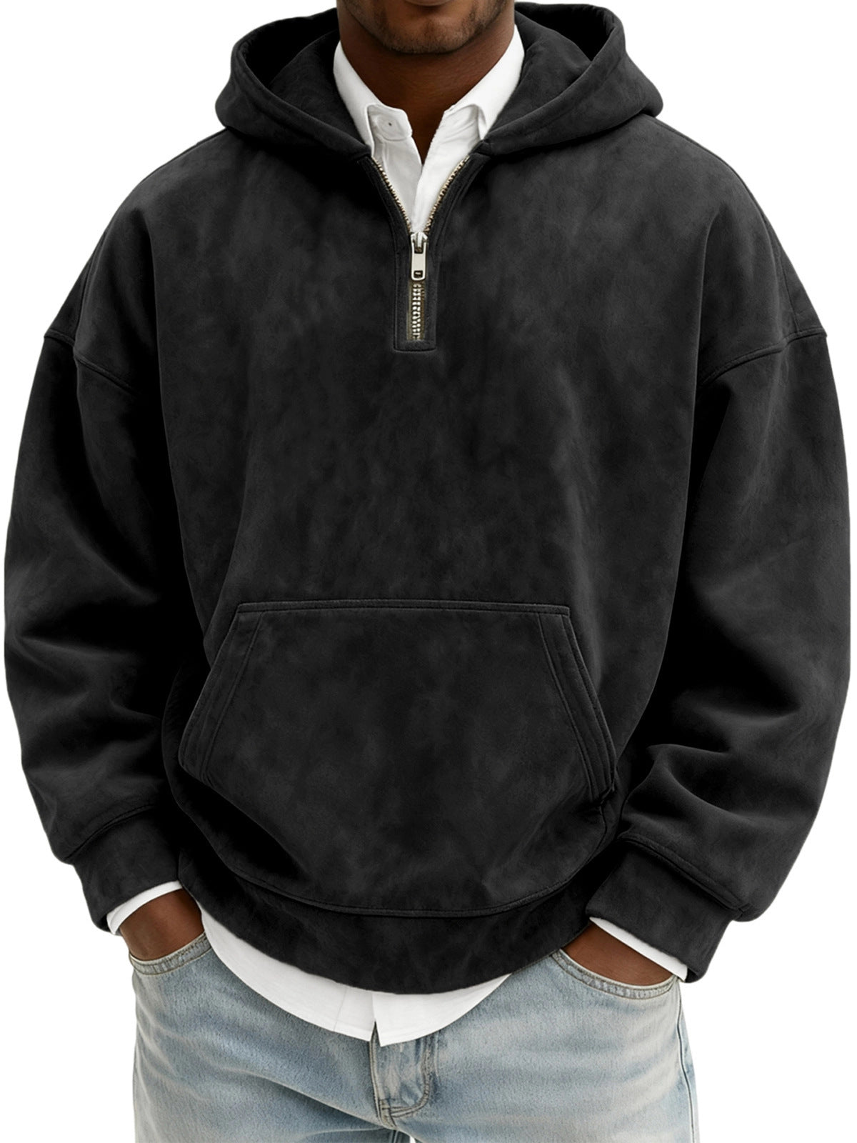 Men’s Half-Zip Fleece Hoodie – Casual Solid Color Pullover